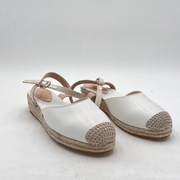 Miss Left White Rounded Toe Espadrille Sandal Ankle Strap Mid Heeled Wedge - Picture 4 of 8